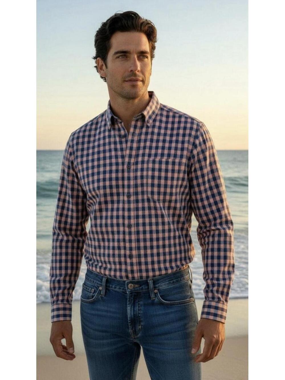 BANANA REPUBLIC MENS VINTAGE CAMDEN STANDARD-FIT LINEN SHIRT IN BLUE GINGHAM-MED